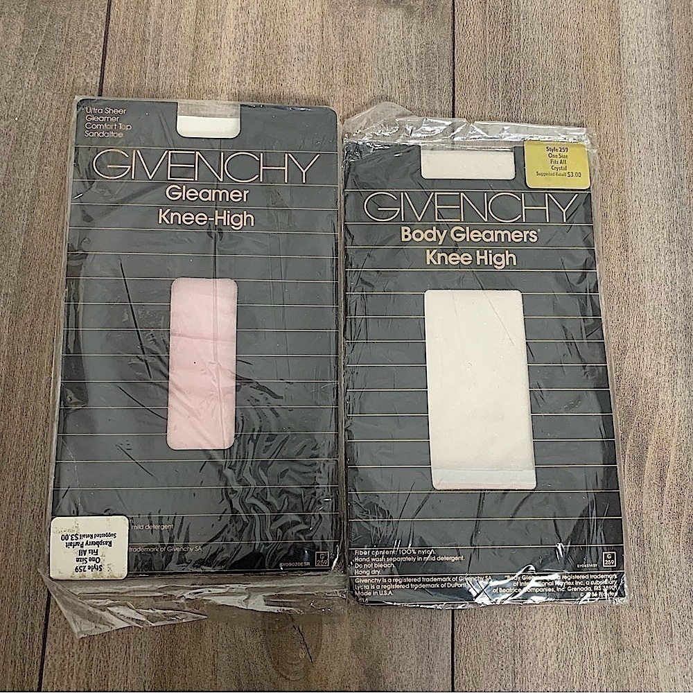 NWT Vtg Givenchy 2 pack knee high sheer gleamer tights shimmer pink silver